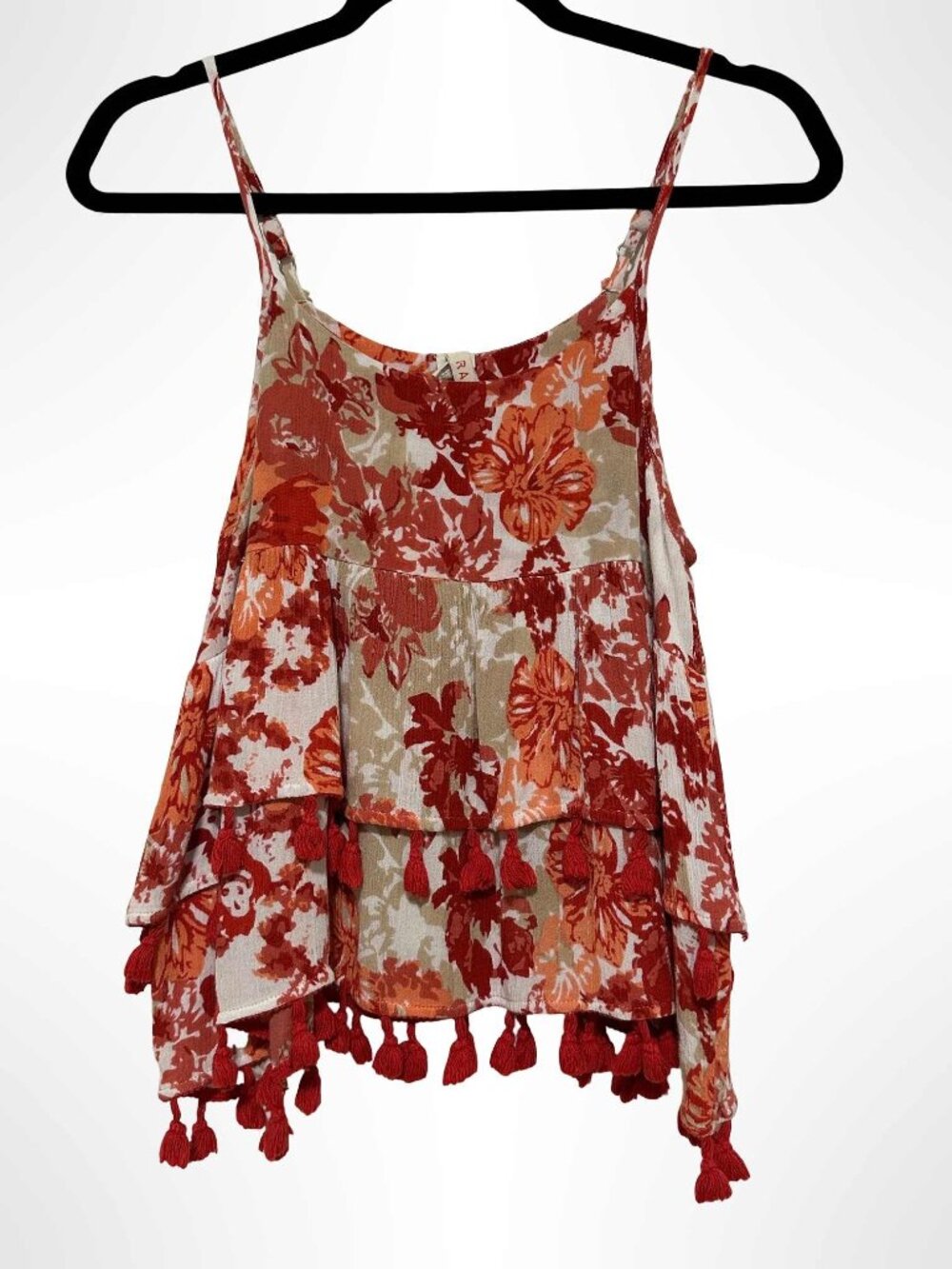 RAGA Floral Print Tiered Cami Tank Top with Tassels Size S